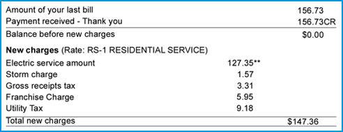 The account activity section includes your balance, new charges and taxes, if applicable.